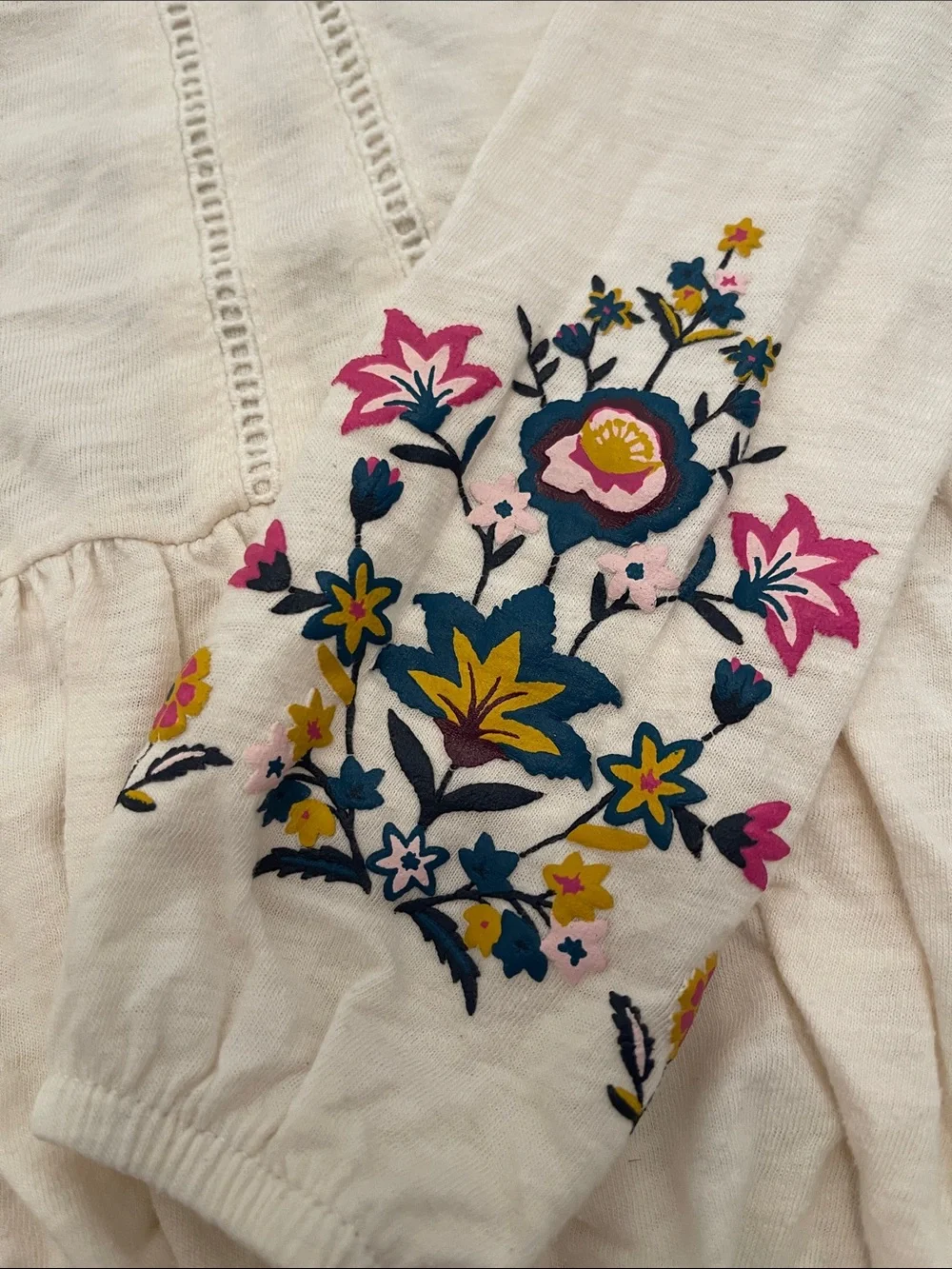 Girls Old Navy Cream Peplum Top with Floral Sleeve Embroidery